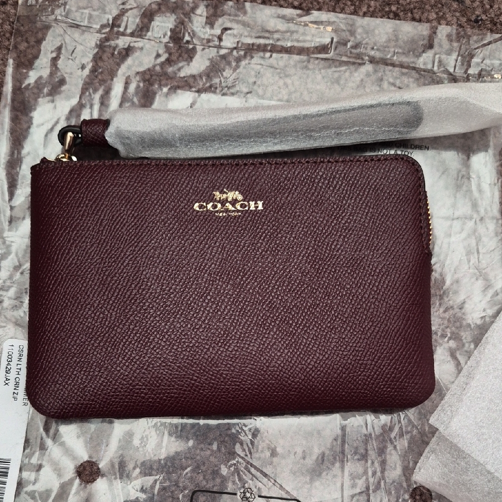 Coach Dark Red Leather Wristlet with Gold Accents